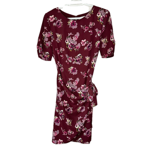 ASTR The Label Floral Maroon Faux Wrap Dress Keyhole Neck Bow Zip Size Medium